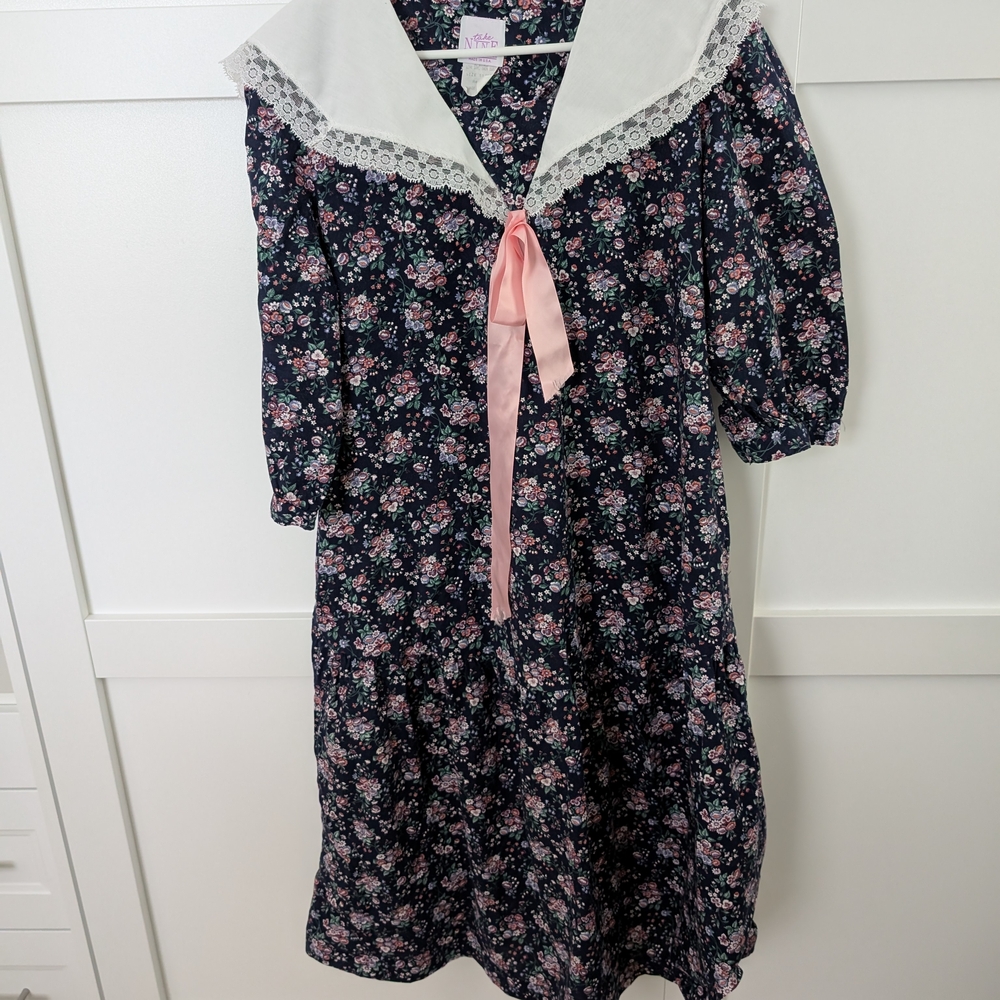 Vtg Navy With Pink + White Flower 3/4 Length Sleeve Maternity, Lace Collar, USA